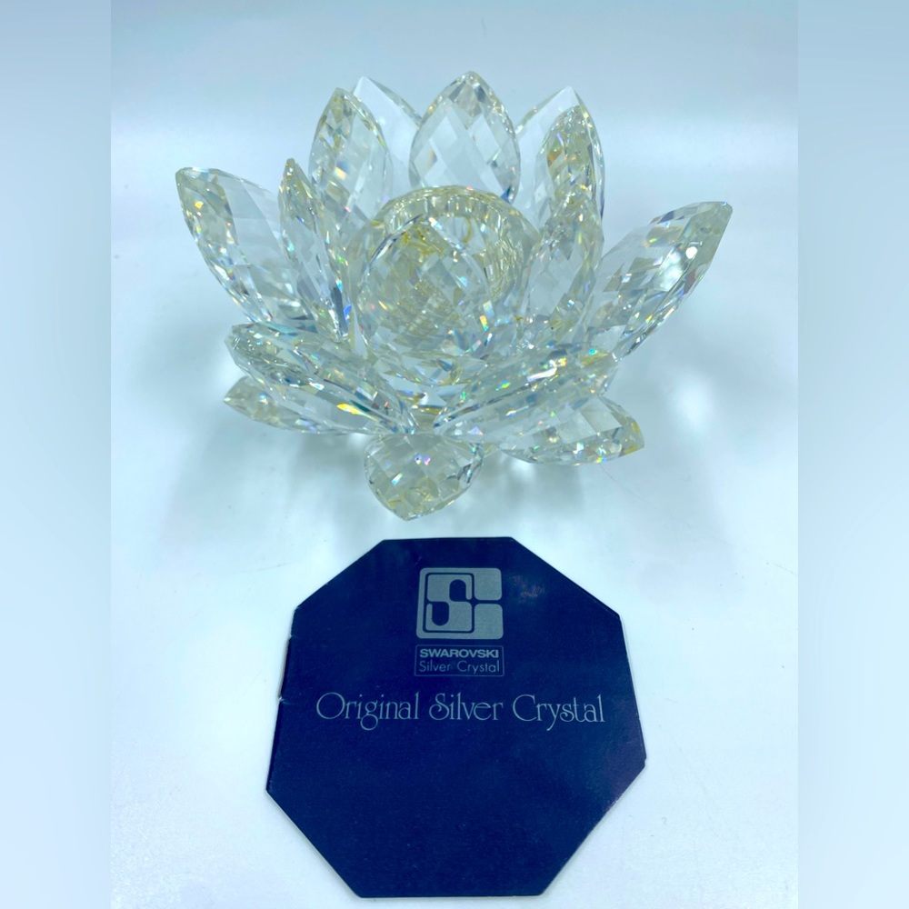 Swarovski Clear Crystal Medium Lotus Flower/Lily Pad 4"W Candle Holder Austrian